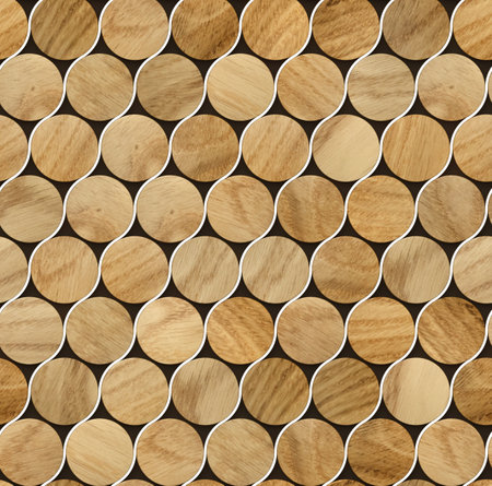 Wooden Realistic Round Oak Mosaic with White Decor on Dark Background for 3d living room bedroom TV 3D wallpaper home decoration mural wallpaper for wallsの写真素材