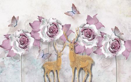 Butterfly, deer and rose flowers with abstract background for 3d living room bedroom TV 3D wallpaper home decoration mural wallpaper for wallsの写真素材