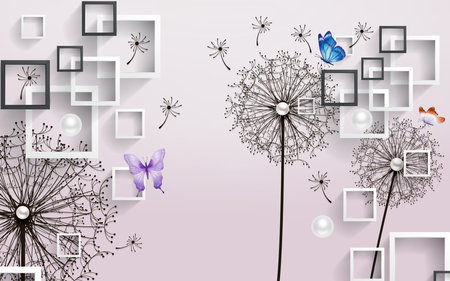 Flowers and butterflies with white square purple background for 3d living room bedroom TV 3D wallpaper home decoration mural wallpaper for wallsの写真素材