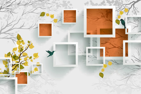 Leaves, branches, birds and square box on the wall for 3d living room bedroom TV 3D wallpaper home decoration mural wallpaper for wallsの写真素材