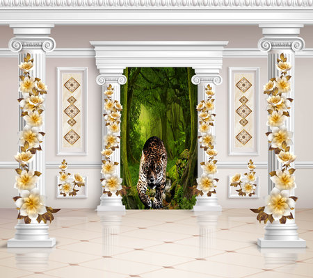 Lion in the jungle and 3d wallpaper marble pattern columns with flowers for 3d living room bedroom TV 3D wallpaper home decoration mural wallpaper for wallsの写真素材