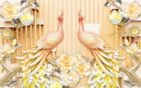 3d peacock on wallpaper Design with Florals Background for 3d living room bedroom TV 3D wallpaper home decoration mural wallpaper for wallsの写真素材