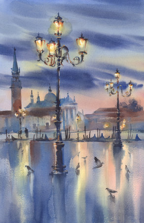 Venetian Night Lights Watercolor Landscape. Early Morning Blue Hour Colors painting for 3d living room bedroom TV 3D wallpaper home decoration mural wallpaper for wallsの写真素材