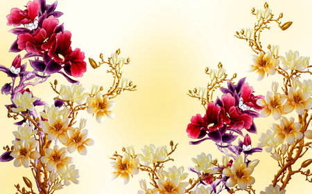 Multi colour flowers and plants with yellow fountain background for 3d living room bedroom TV 3D wallpaper home decoration mural wallpaperの写真素材