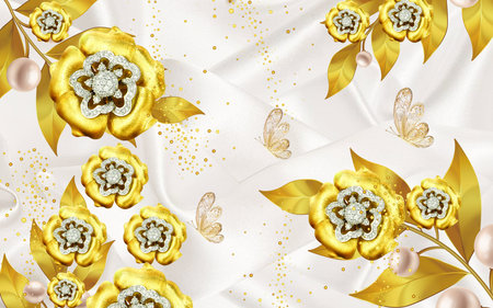 3D jewellery golden flowers and butterfly with abstract background for 3d living room bedroom TV 3D wallpaper home decoration mural wallpaperの写真素材