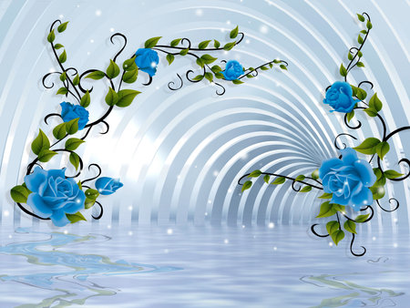 3d Tunnel and Water with blue rose flowers plants for 3d living room bedroom TV 3D wallpaper home decoration mural wallpaperの写真素材