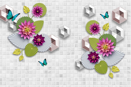 Butterfly flying, multi flowers and 3D hexagon with square bricks wall background for 3d living room bedroom TV 3D wallpaper home decoration mural wallpaperの写真素材