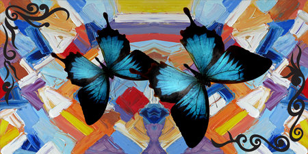 Blue and black butterfly with multi colour painting background for 3d living room bedroom TV 3D wallpaper home decoration mural wallpaperの写真素材