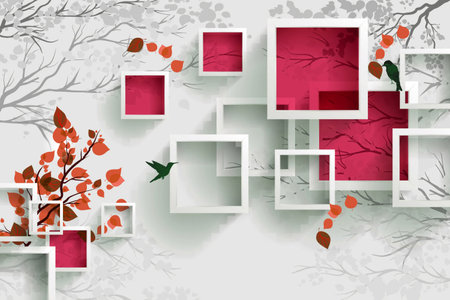 Birds, trees and square background in winter season for 3d living room bedroom TV 3D wallpaper home decoration mural wallpaperの写真素材