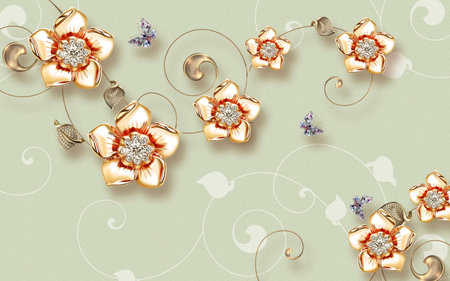 Butterfly and golden jewellery flowers with texture background for 3d living room bedroom TV 3D wallpaper home decoration mural wallpaperの写真素材