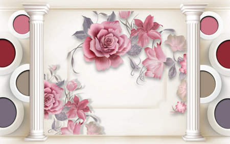 3D rose flowers and piller with circles abstract background for 3d living room bedroom TV 3D wallpaper home decoration mural wallpaperの写真素材