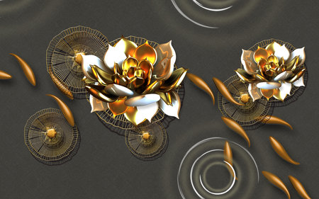 3D white golden flowers and circle with texture illustration background for 3d living room bedroom TV 3D wallpaper home decoration mural wallpaperの写真素材