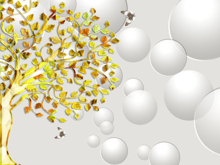 Butterfly flying and tree with circle abstract background for 3d living room bedroom TV 3D wallpaper home decoration mural wallpaperの写真素材