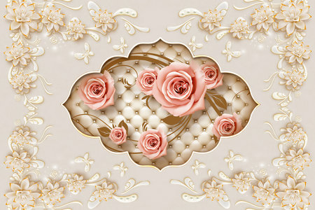 Pink rose in frame with luxury white flowers ornament for 3d living room bedroom TV 3D wallpaper home decoration mural wallpaperの写真素材