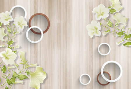 White green flowers and circles with wooden texture background for 3d living room bedroom TV 3D wallpaper home decoration mural wallpaperの写真素材