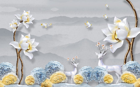 3D white flowers, birds, deer and plants with illustration background for 3d living room bedroom TV 3D wallpaper home decoration mural wallpaperの写真素材