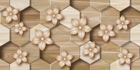 3D illustration flowers with polygon wood texture background for 3d living room bedroom TV 3D wallpaper home decoration mural wallpaperの写真素材
