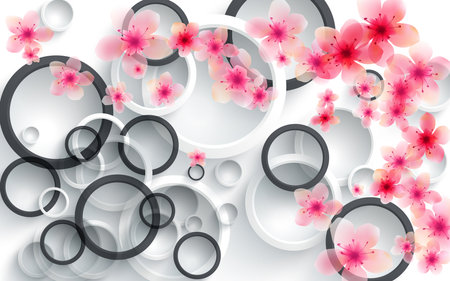 3D pink flowers with circles illustration background for 3d living room bedroom TV 3D wallpaper home decoration mural wallpaperの写真素材