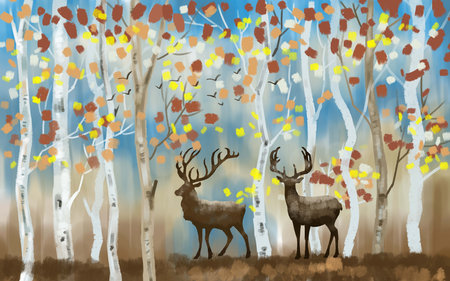 Painting of deer and trees in the forest with multi color background for 3d living room bedroom TV 3D wallpaper home decoration mural wallpaperの写真素材