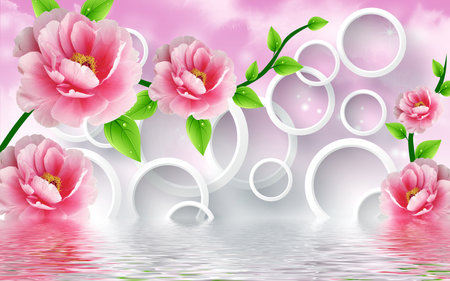 Pink flowers and green leaves with circles illustration background for 3d living room bedroom TV 3D wallpaper home decoration mural wallpaperの写真素材