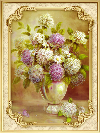 Painting of flowers in the vase with illustration border for 3d living room bedroom TV 3D wallpaper home decoration mural wallpaperの写真素材