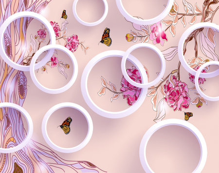 Illustration of butterfly, flowers and white circles background for 3d living room bedroom TV 3D wallpaper home decoration mural wallpaperの写真素材