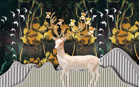 3D deer, birds and flowers abstract illustration background for 3d living room bedroom TV 3D wallpaper home decoration mural wallpaperの写真素材