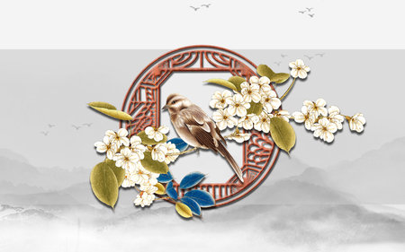 Sparrow sitting on white flower branch with grey illustration background for 3d living room bedroom TV 3D wallpaper home decoration mural wallpaperの写真素材