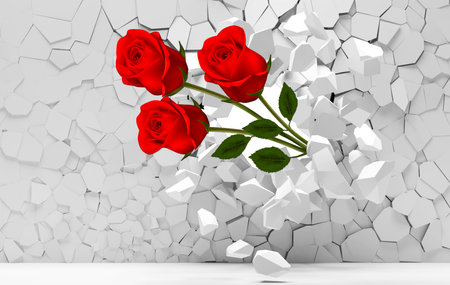 Red rose flowers in the crash stone wall background for 3d living room bedroom TV 3D wallpaper home decoration mural wallpaperの写真素材