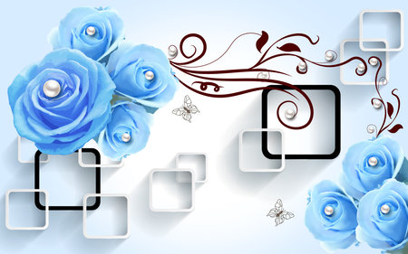 Pearls on blue rose flowers with abstract illustration background for 3d living room bedroom TV 3D wallpaper home decoration mural wallpaperの写真素材
