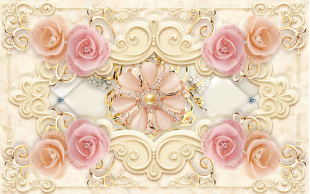 3D luxury embossed jewellery flowers with abstract illustration background for 3d living room bedroom TV 3D wallpaper home decoration mural wallpaperの写真素材
