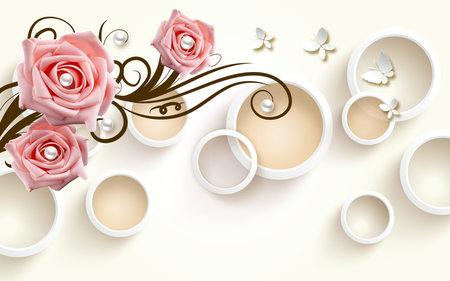 3D luxury pink rose flowers and butterfly with circles illustration background for 3d living room bedroom TV 3D wallpaper home decoration mural wallpaperの写真素材