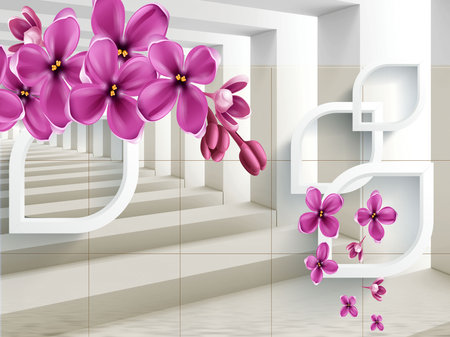 Purple flowers and stairs with abstract illustration background for 3d living room bedroom TV 3D wallpaper home decoration mural wallpaperの写真素材