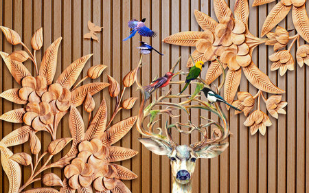 Birds sitting on horns and 3D golden flowers with abstract illustration background for 3d living room bedroom TV 3D wallpaper home decoration mural wallpaperの写真素材