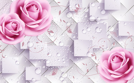 Pink rose flowers and water drops with square abstract background for 3d living room bedroom TV 3D wallpaper home decoration mural wallpaperの写真素材