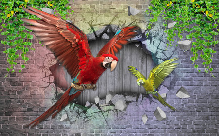 Green leaves, red and green parrot with bricks wall background for 3d living room bedroom TV 3D wallpaper home decoration mural wallpaperの写真素材