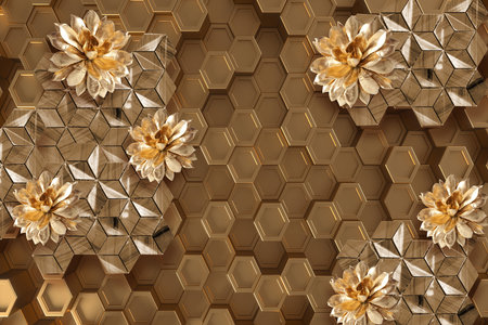 3D flowers and seamless golden polygon abstract illustration background for 3d living room bedroom TV 3D wallpaper home decoration mural wallpaperの写真素材
