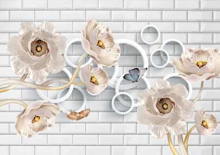 3D embossed white flowers and circles with bricks wall abstract background for 3d living room bedroom TV 3D wallpaper home decoration mural wallpaperの写真素材