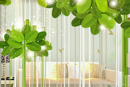 3D green leaves plants and birds with lighting illustration background for 3d living room bedroom TV 3D wallpaper home decoration mural wallpaperの写真素材
