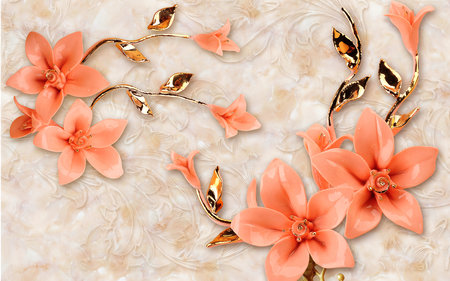 3D orange flowers and leaves with floral texture background for 3d living room bedroom TV 3D wallpaper home decoration mural wallpaperの写真素材