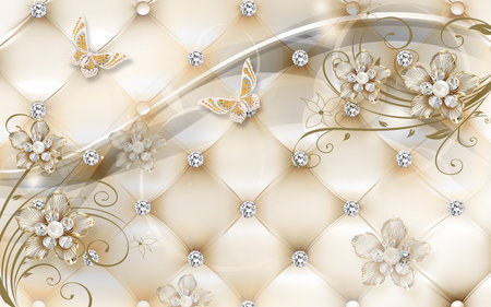 3D silver golden jewellery flowers and butterfly with leather style illustration background for 3d living room bedroom TV 3D wallpaper home decoration mural wallpaperの写真素材