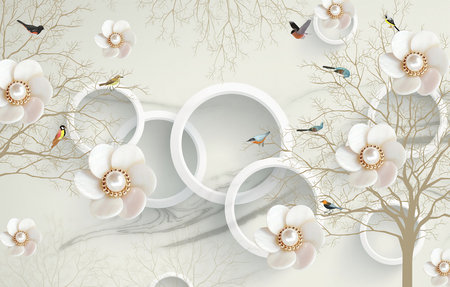 3D White flowers and colourful birds on tree with circle illustration backgroundの写真素材