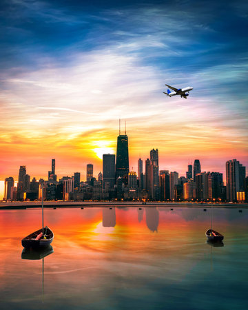 A night scene of a city and aeroplane flying.