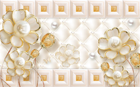 3D embossed white golden jewellery flowers with abstract background for Living Bedroom TV Background Wallpaperの写真素材