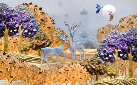 3D embossed trees, leaves, deers and birds painting wallpaper for Living Bedroom TV Background Wallpaperの写真素材