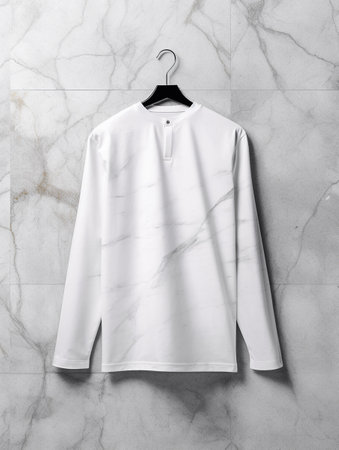 Blank white t-shirt on a hanger on a marble backgroundの素材