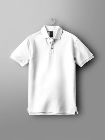 White polo shirt on hanger on grey background. Mockup for designの素材