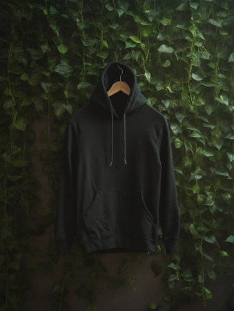 Hooded black sweatshirt hanging on green ivy wall.の素材