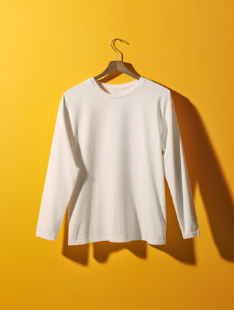 White t-shirt on a hanger on a yellow background.の素材