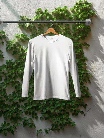 White t-shirt hanging on hanger on wall with ivyの素材